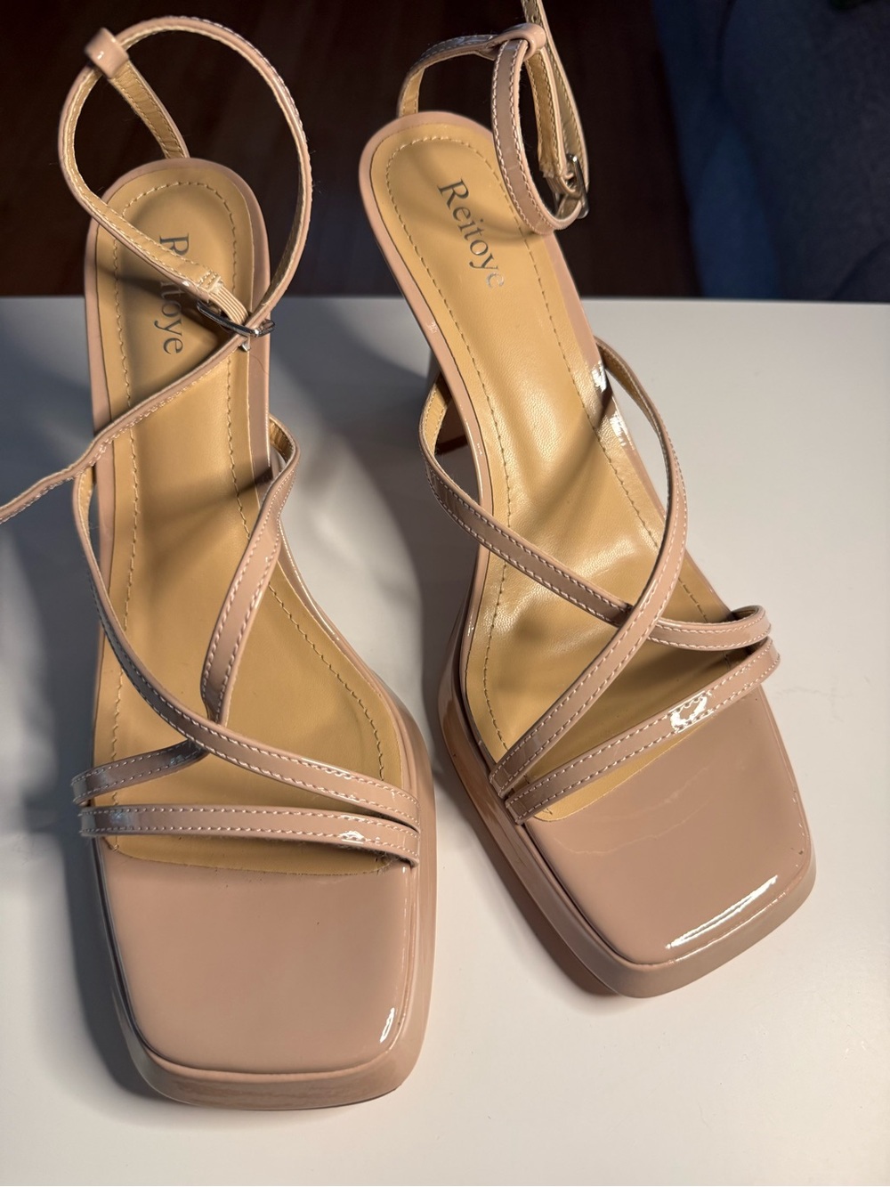 Nude Platform Chunky Strappy Block Heels, Square Toe